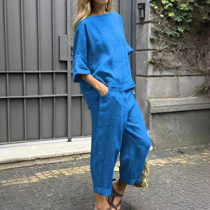 Women's Shirt Set2025 Summer New Arrival Women's Plus Size Cotton Linen Shirt Outfit High Waist Loose Pants