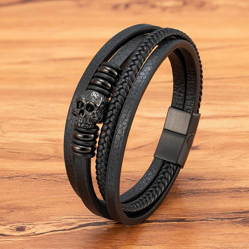 Fashion Men Bracelet Hand Homme Bracelets Woven Skull Hand Jewelry for Stainless Steel Magnet Clasp Leather Bangles Gift