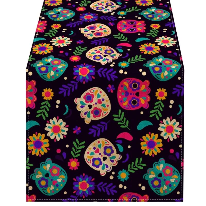 Horror Halloween Skull Table Runner Ethnic Mexico Flower Table Runner Day of The Dead Kitchen Dining Tablecloth Table