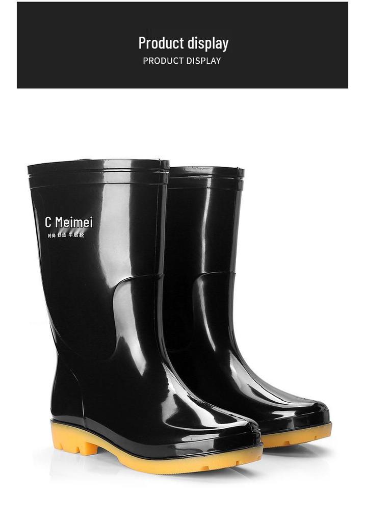 Men's Waterproof Mid & High-Calf Rain Boots: Non-Slip, Fashionable, Warm, Acid & Alkali Resistant, Rubber Sole for Kitchen Work.
