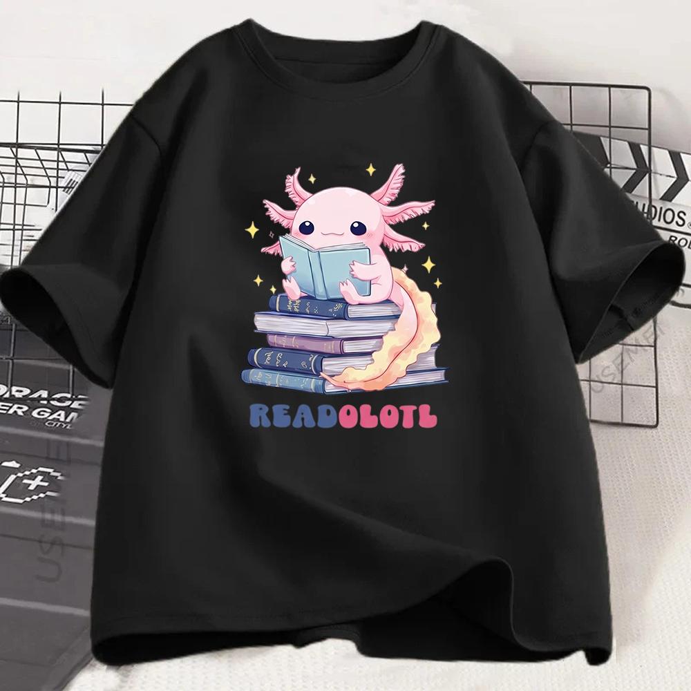 Readolotl Axolotl Graphic Tshirt Kawaii Book Lover Print Tee Summer Short Sleeve Casual Reading Fashion Top for Unisex