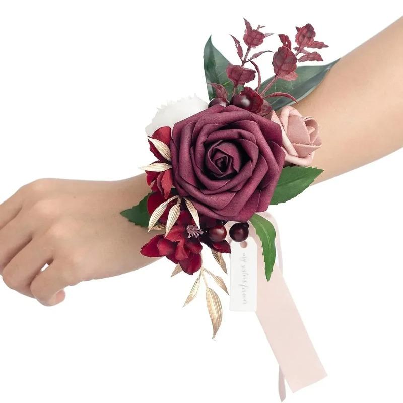 Valentine's Day Rose Wrist Corsage for Bride Groom Prom Wedding Artificial Silk Flowers Adjustable Wristband Artificial Flowers