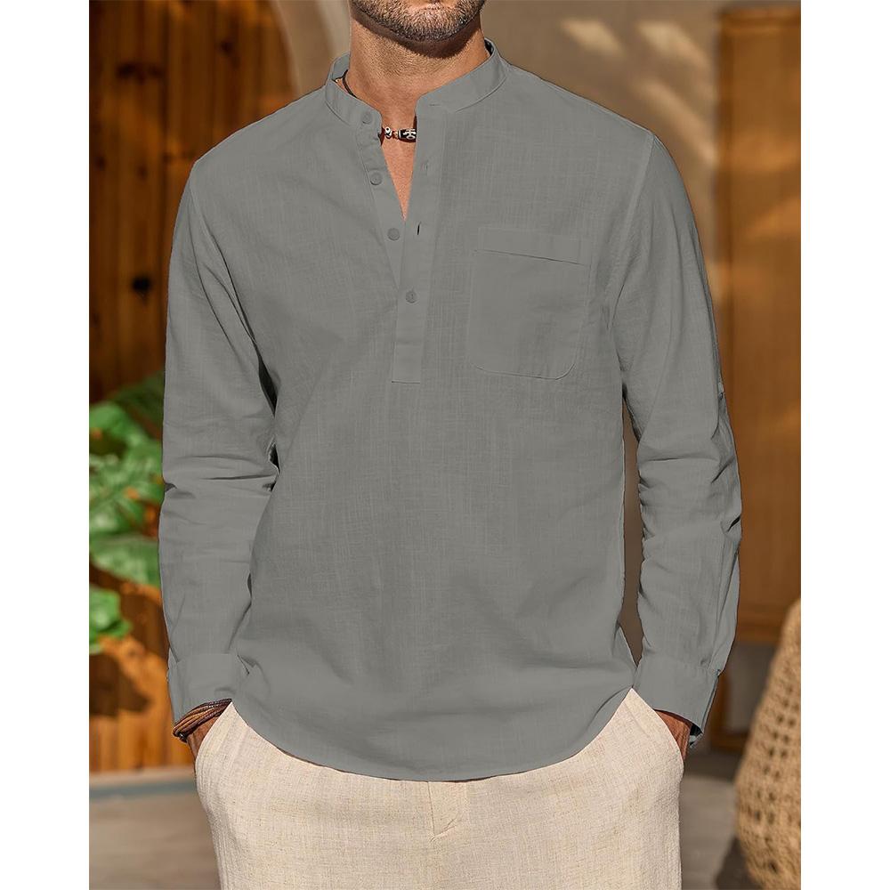 Baumwoll-Leinen-Hemden für Herren, Freizeithemd, leichtes Urlaubshemd, langärmelig, Henley-Kragen, Strandhemd, Hawaii-T-Shirt für Herren