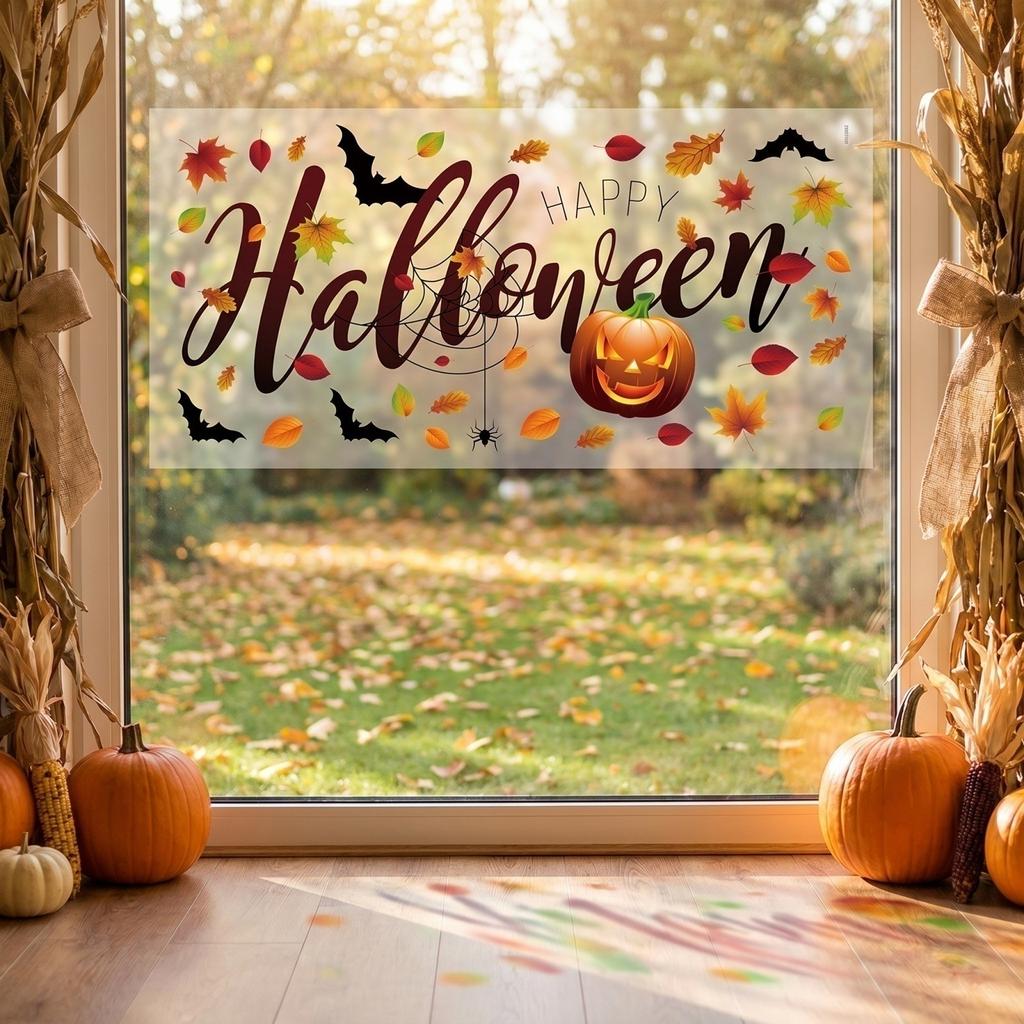 Halloween Static Cling Window Decals Pumpkin Autumn Leaf Bat Spider Web Removable Decorative Stickers for Glass Door Wall Home Office Party Decor