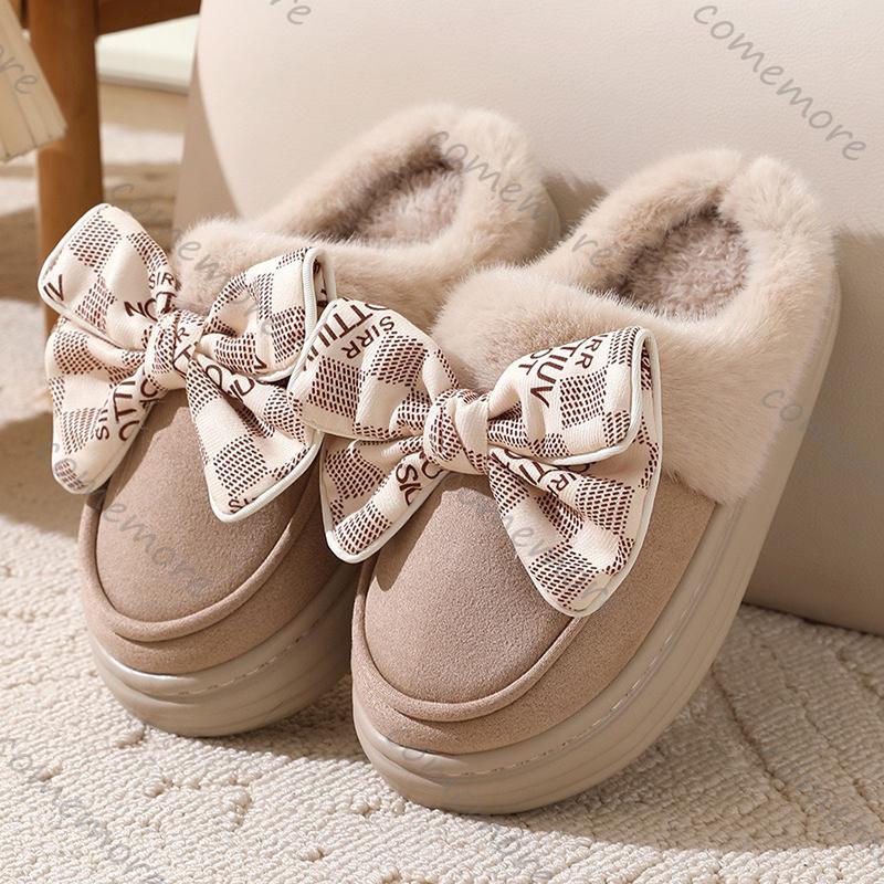 Fashion Comemore Bow Women Winter Toe Wrap Warm Solid Cotton Slippers Thick Soft Sole Slides Femmer Indoor Floor Flat Home Slipper Shoes