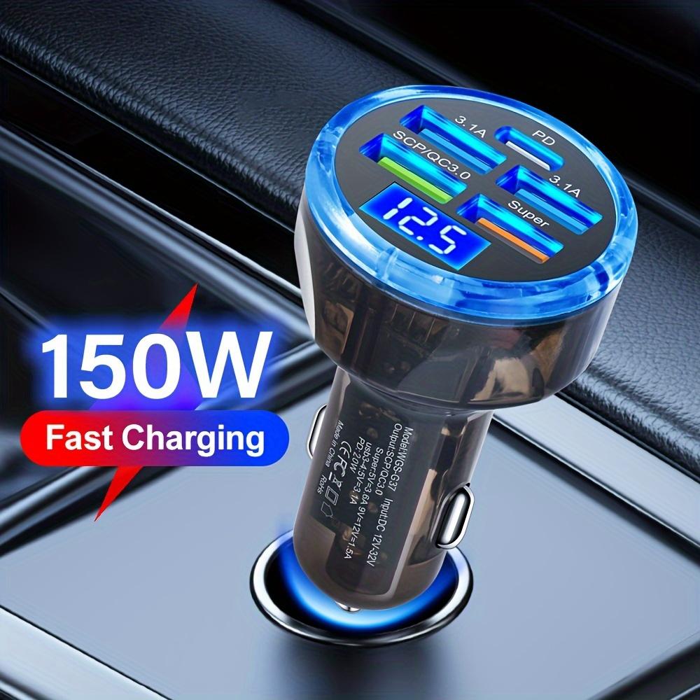 Încărcător auto USB cu 5 porturi de 150W cu PD30W Type-C, Afișaj de tensiune și Încărcare rapidă multi-protocol pentru vehicule de 12–32V