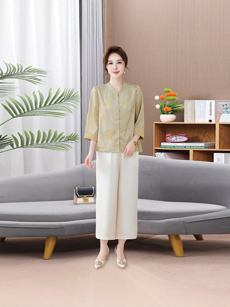 Chic Summer Two-Piece Chinese Style Suit for Mature Women - Loose, Fashionable, Slimming with Wide-Leg Pants