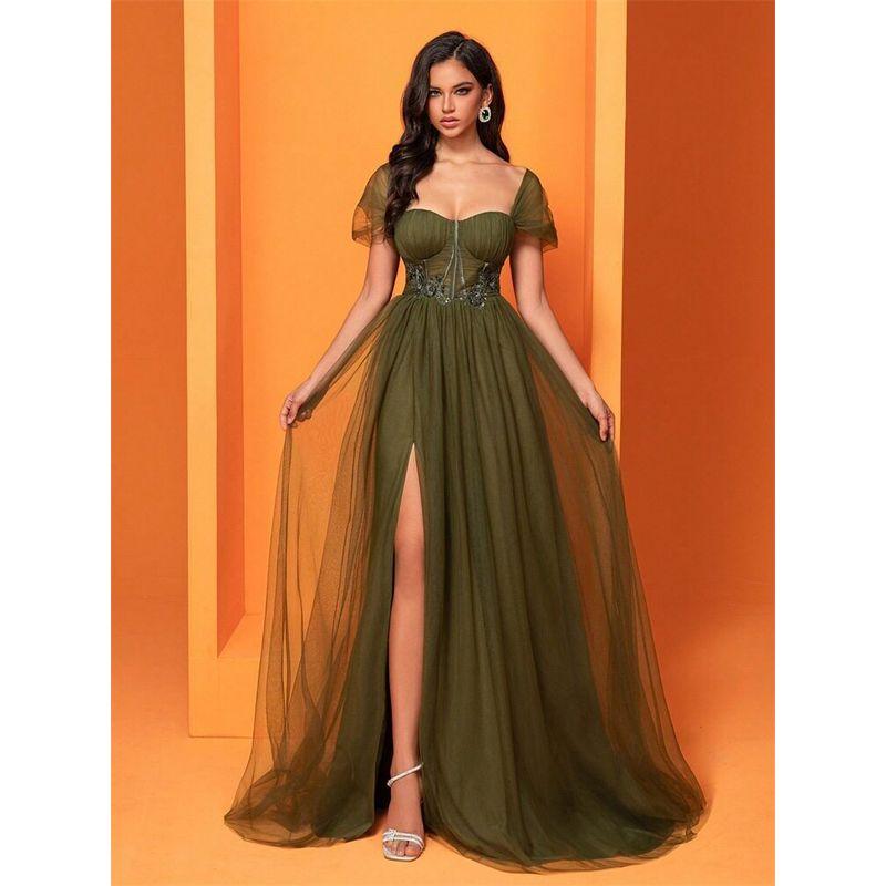 

European and American Style Dress, New Chiffon Green Slit Dress, Long Slim Fishtail Bridesmaid Banquet Evening Dress for Women Olive green L