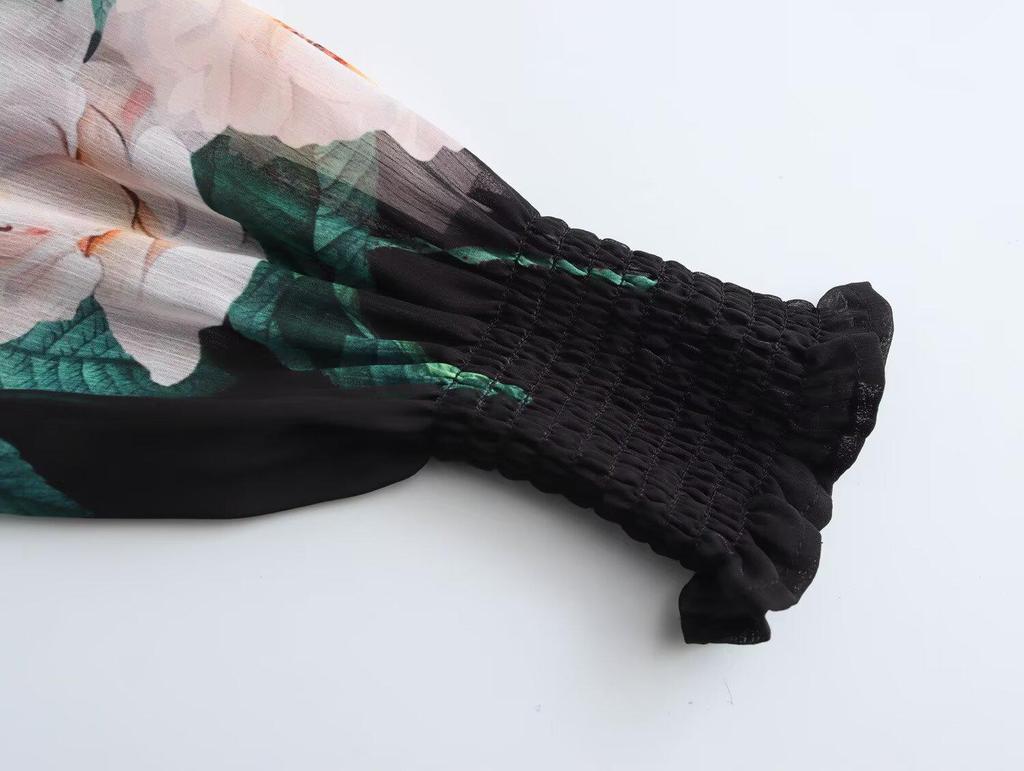 2025 Spring Women's European-American Style Single-Breasted Printed Long-Sleeve Dress