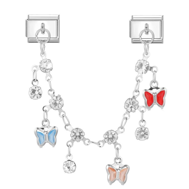 Star Butterfly Heart Zircon Round Pearls Tassel Chain Italian Charm Links Fit 9mm Bracelet Stainless Steel Women DIY Making Gift