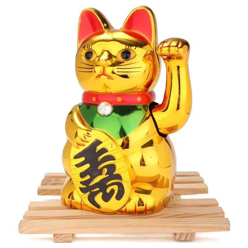 Classic Gold Beckoning Waving Lucky Cats Figure Moving Arm Chinese Wealth Fortune Feng Shui Car Decor Ornament Craft