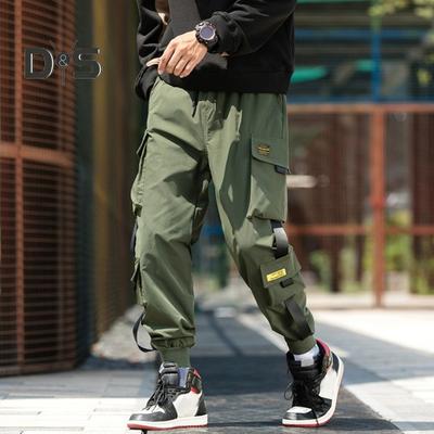 Men Cargo Pants Loose Ankle-banded Drawstring Elastic Waist Solid Color Multi Pockets Strap Decor Fitness Streetwear Outdoor Travel Sport Trousers