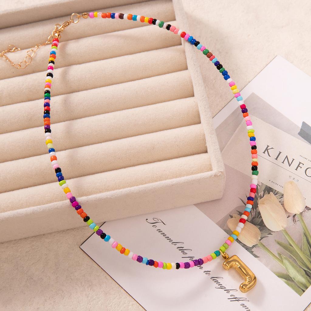Bubble Alphabet Colored Rice Beads Handmade Beaded Delicate Beach Bohemian Necklace Collarbone Chain