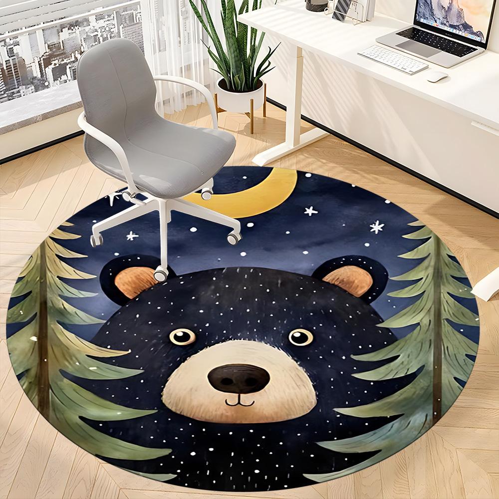 1pc Bear Night Office Round Area Rug, Indoor Mat Suitable ForOffice, Under Office Chairs Bedroom Living Room Home Decor, Room Deco T076
