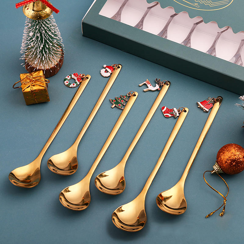 6Pcs Cute Christmas Stainless Steel Spoon Set Kitchen Coffee Dessert Mixing Spoon Xmas Holiday Gift