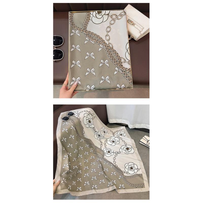 Korean Fashion Vintage Elegant Camellia Printed Square Scarf For Women