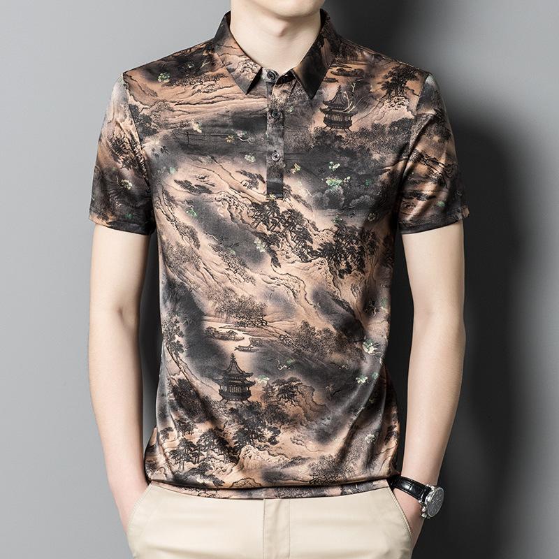 

Мужская футболка летняя с коротким рукавом и лацканами для молодежи и среднего возраста, модные шелковые мужские топы, повседневная футболка, тренд XXXL