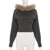 VAYLA Faux Furry Trim Hooded Fitted Cropped Jacket Y2K Long Sleeve Zipper Coat High Street Casual Autumn Winter Outfits