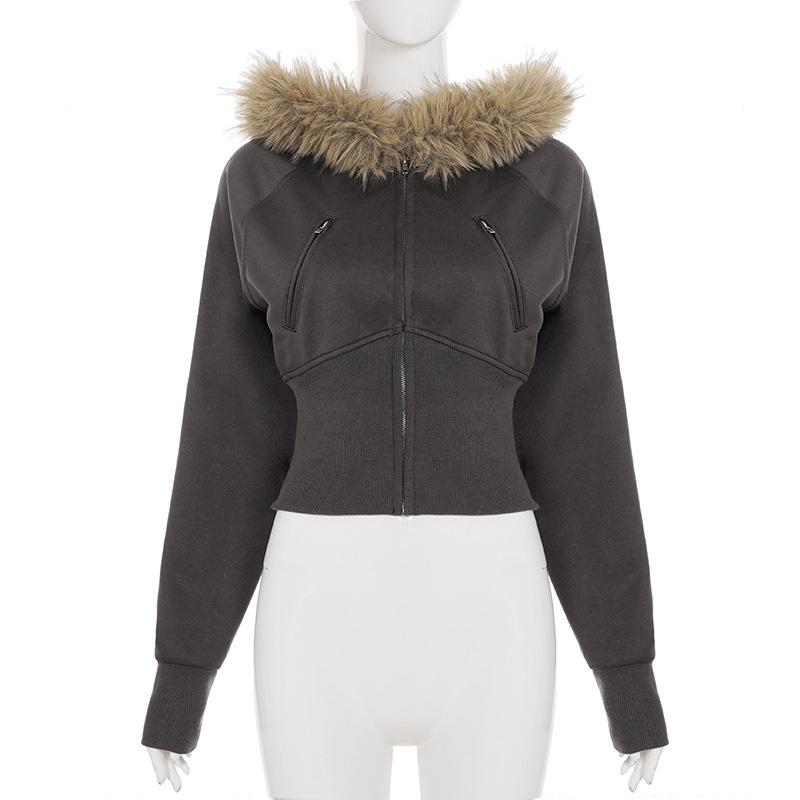 VAYLA Faux Furry Trim Hooded Fitted Cropped Jacket Y2K Long Sleeve Zipper Coat High Street Casual Autumn Winter Outfits