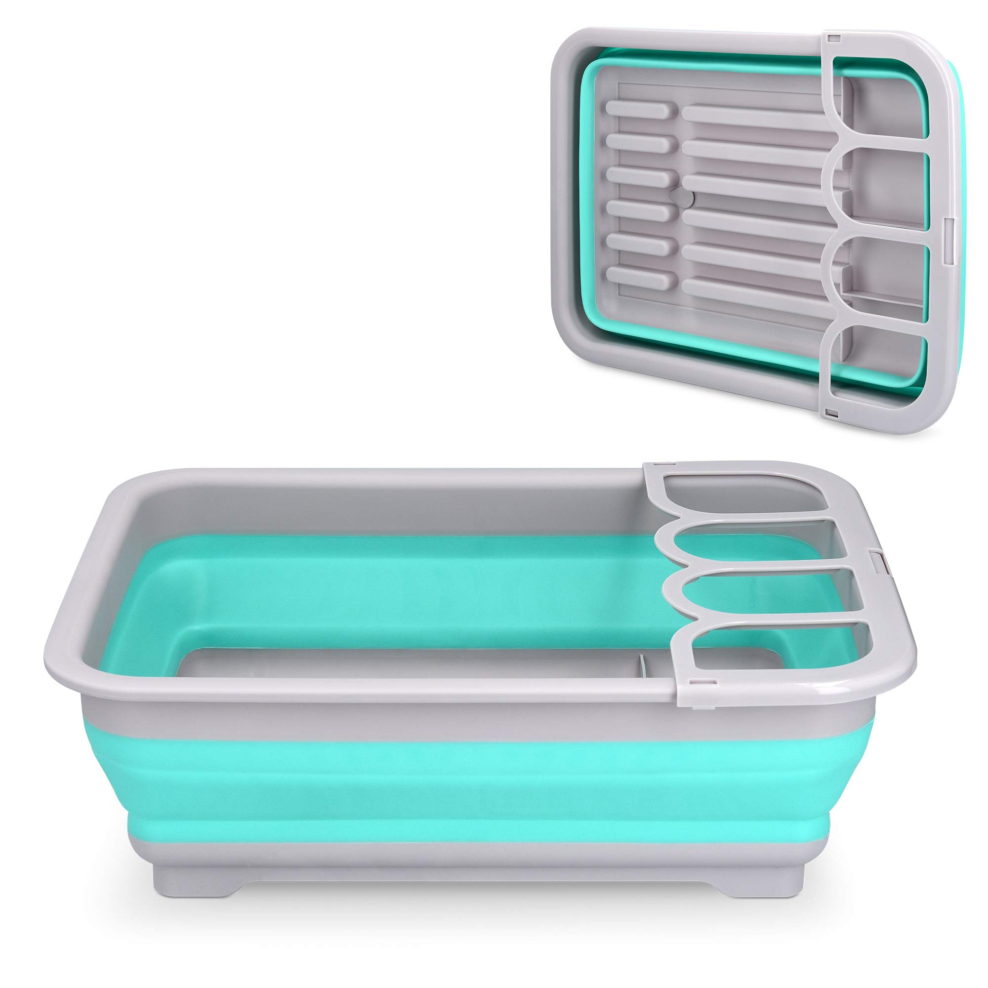 

Navaris Foldable Dish Drainer, Dish Drainer, Kitchen Dish Storage Rack with Drain, Lightweight, 37x27x12cm, Gray/Blue