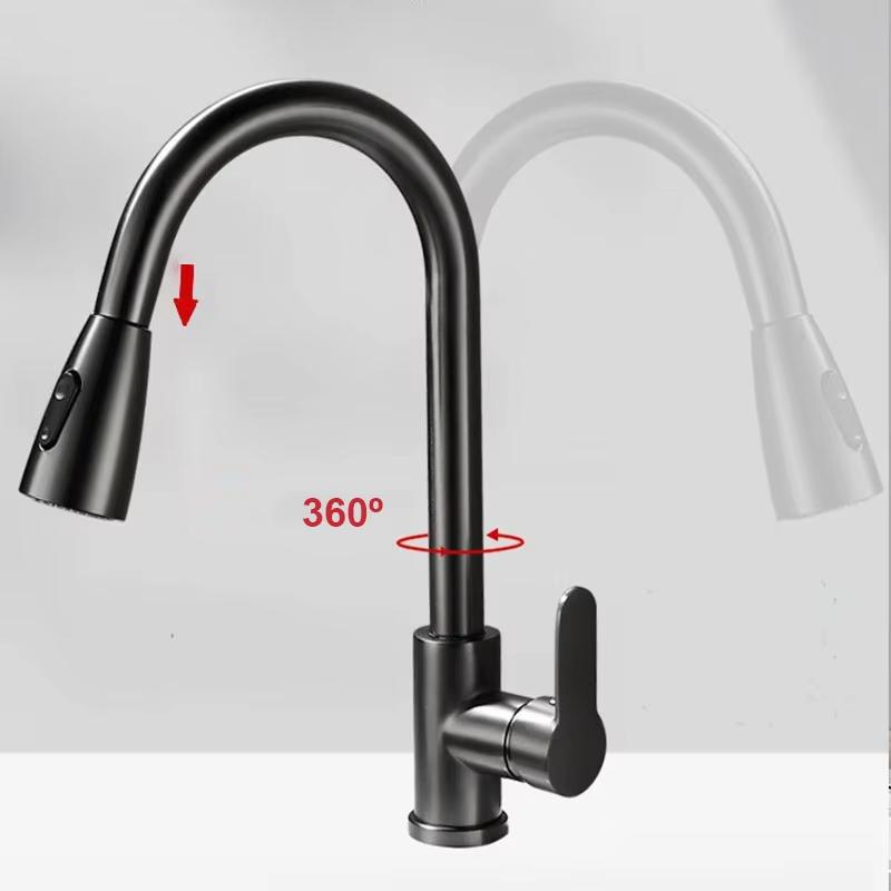 Stainless Steel Pull-Out Kitchen Faucet, Hot and Cold Water Dual-Use, Splash-Proof, Fast Heating, Household Washbasin Faucet