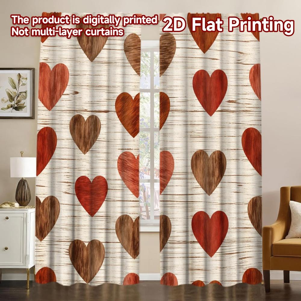 2D FLAT PRINTING 2pcs Curtains (Without Rod) Valentine s Rustic Hearts Chic Pattern Curtains Prints Light Filtering Curtains 60×150cm