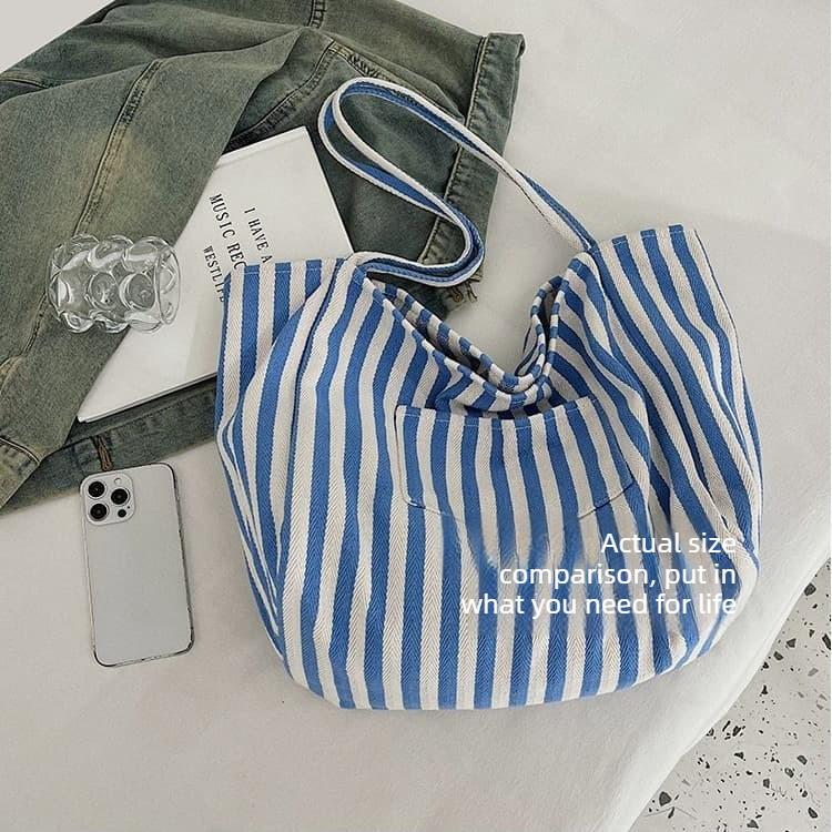 Striped large capacity canvas tote bag women's shoulder bag