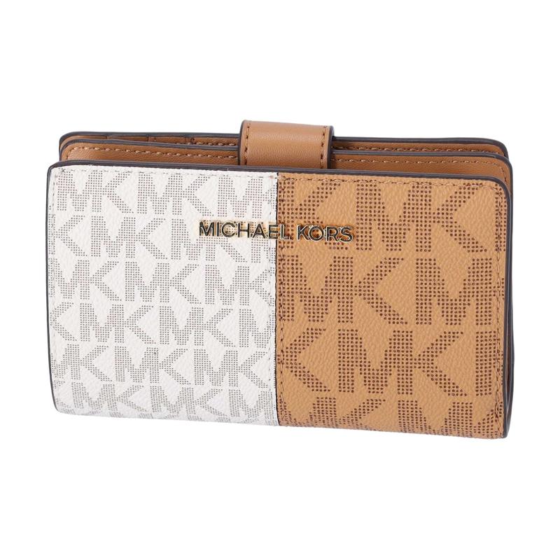 MICHAEL KORS Jet Set Two-tone Logo Print Coated Canvas Wallet Medium Unisex Couple White with Brown белый