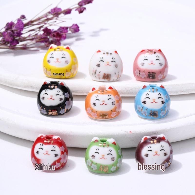 Ceramic Lucky Cat DIY Bracelet Pendant - Vertical Hole Beaded Charm Daruma Cat Accessories