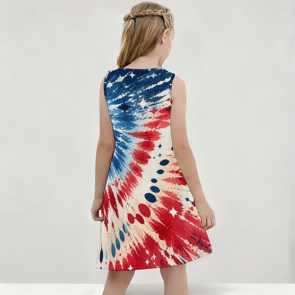 Girls Round Neck Sleeveless Navy Blue Starry Printed A Line Flared Dress