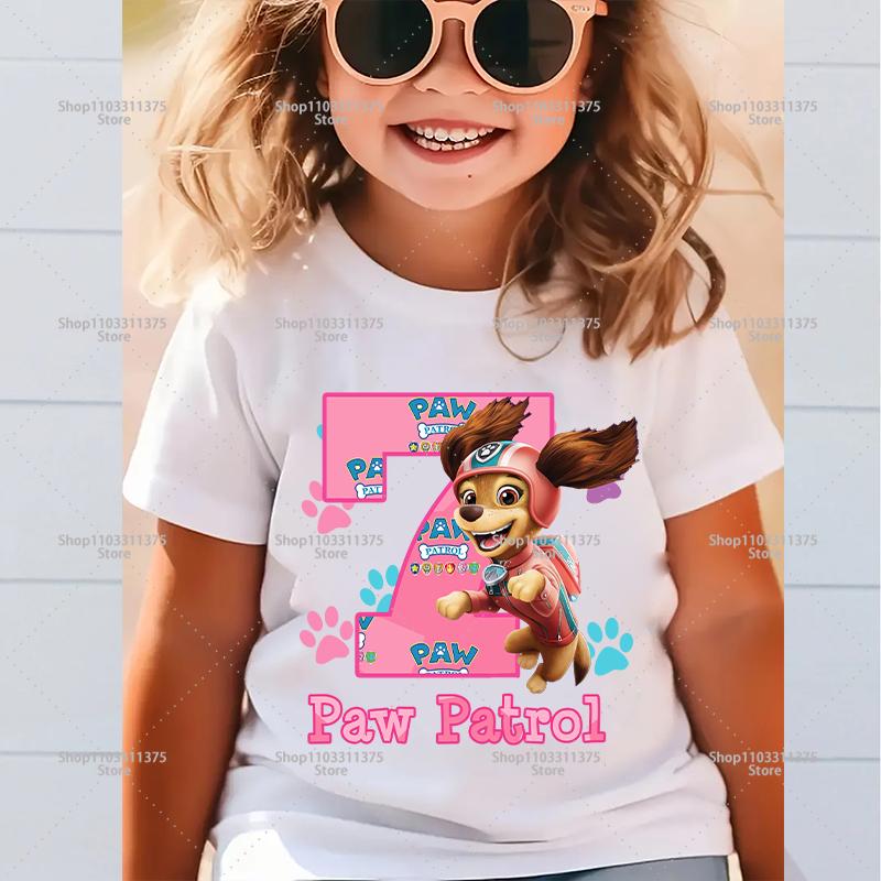 Süßes PAW Patrol Zahlen-T-Shirt Cartoon Mädchen Kleidung Kurzarm Sommer Kleinkind Baumwolle Geburtstag Kinder Outfit Outdoor Kleidung Geschenke