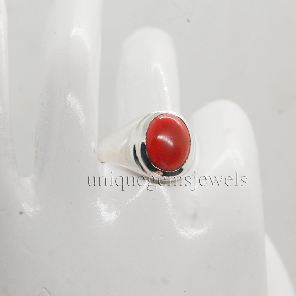 Oval Cab Red Coral Gemstone 925 Sterling Silver Ring, Geniune Zodic Style Red Coral Ring