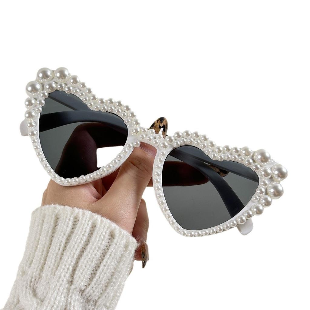 Large Frame Love Inlaid Pearl Sunglasses Peach Heart Party Dance Sunglasses Women'S Photo Sunglasses