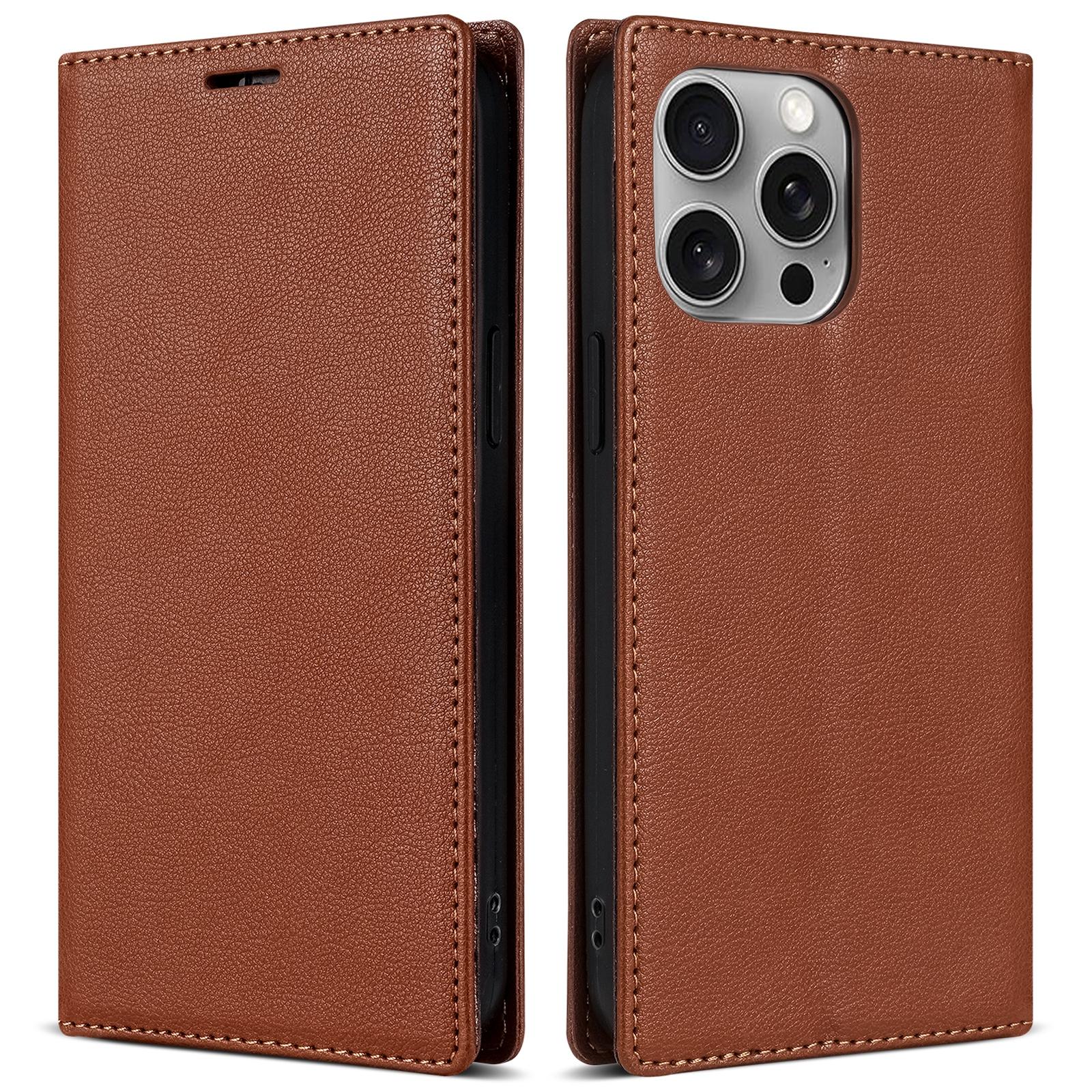 

BKS-001 For iPhone 16 Pro Max Case PU Leather Phone Cover Magnetic Closure Brown