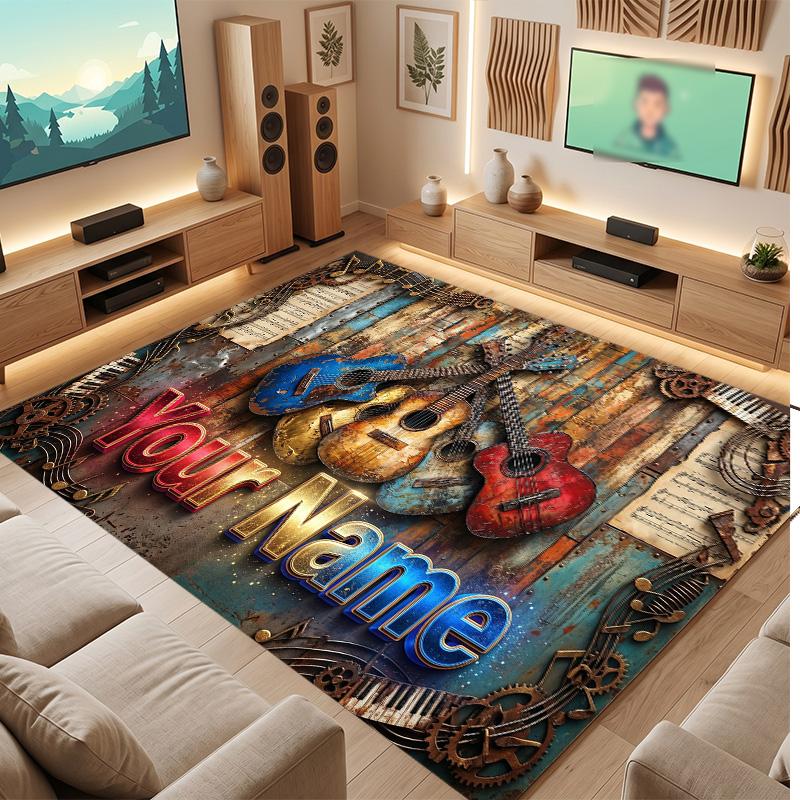 Music Theme Soft Crystal Velvet Rug Custom Name & Text Print Non Slip Floor Rug for Bedroom Living Room