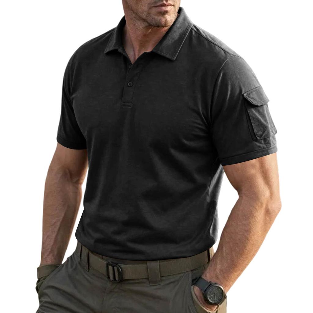 Men's Tactical Polo Shirt Short Sleeve Military Style Casual Shirt with Button Collar and Sleeve Pocket for Outdoor Work