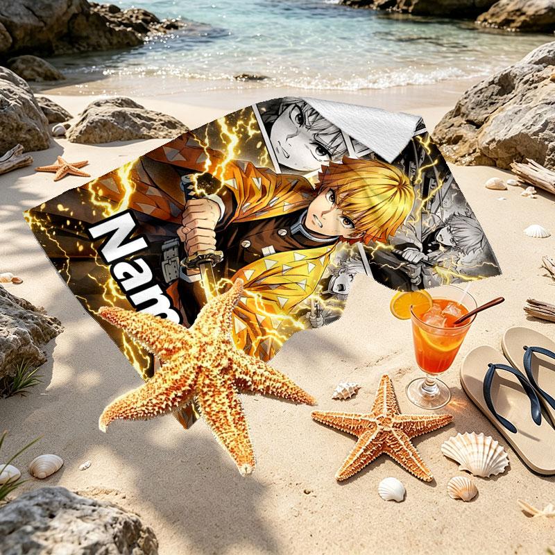 Personalisierbares Strandtuch mit Demon Slayer Aufdruck und individuellem Namen, für Reise, Camping, Strandparty, Heimdekoration, Geburtstagsgeschenk für Familie & Freunde