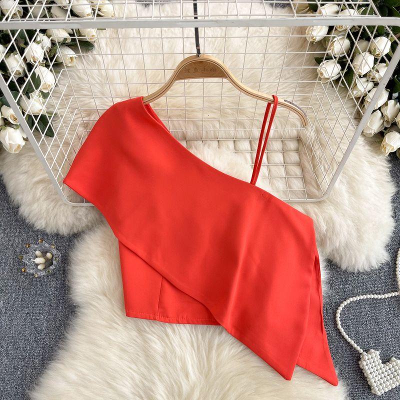 Sweet and Spicy Small Top Women's Stylish One-Shoulder Cold-Shoulder Single-Side Sling Silm Short Crop Top Versatile Holiday Small Shirt Fashion