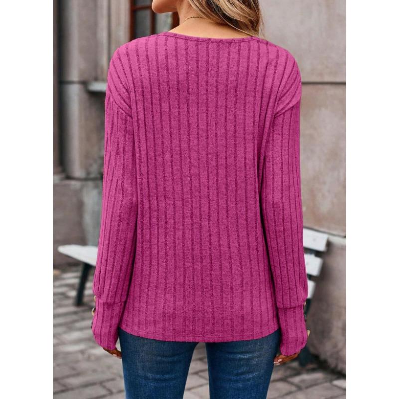 Women's Autumn and Winter Long Sleeve V-Neck Shirt Solid Color Button Pullover