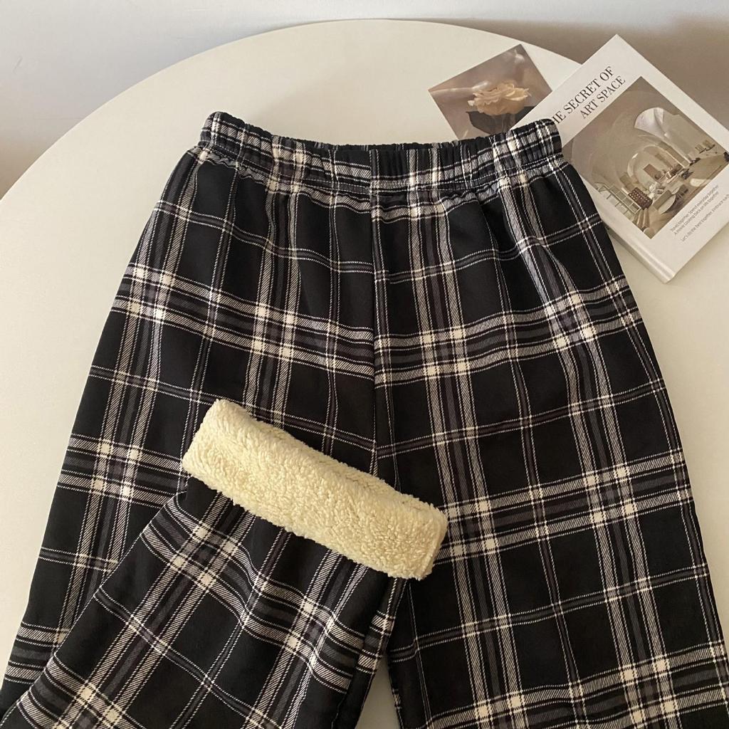 Damen Hochtaillierte Fleecegefütterte Woll-Plaid Weitbeinige Hose