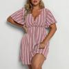 Mode Kurzarm Gestreift V-Ausschnitt Große Größe Kleid Elegante Damen Hohe Taille Lose Lässig A-Linie Party Kurzes Böhmisches Kleid Weibliche Damenbekleidung