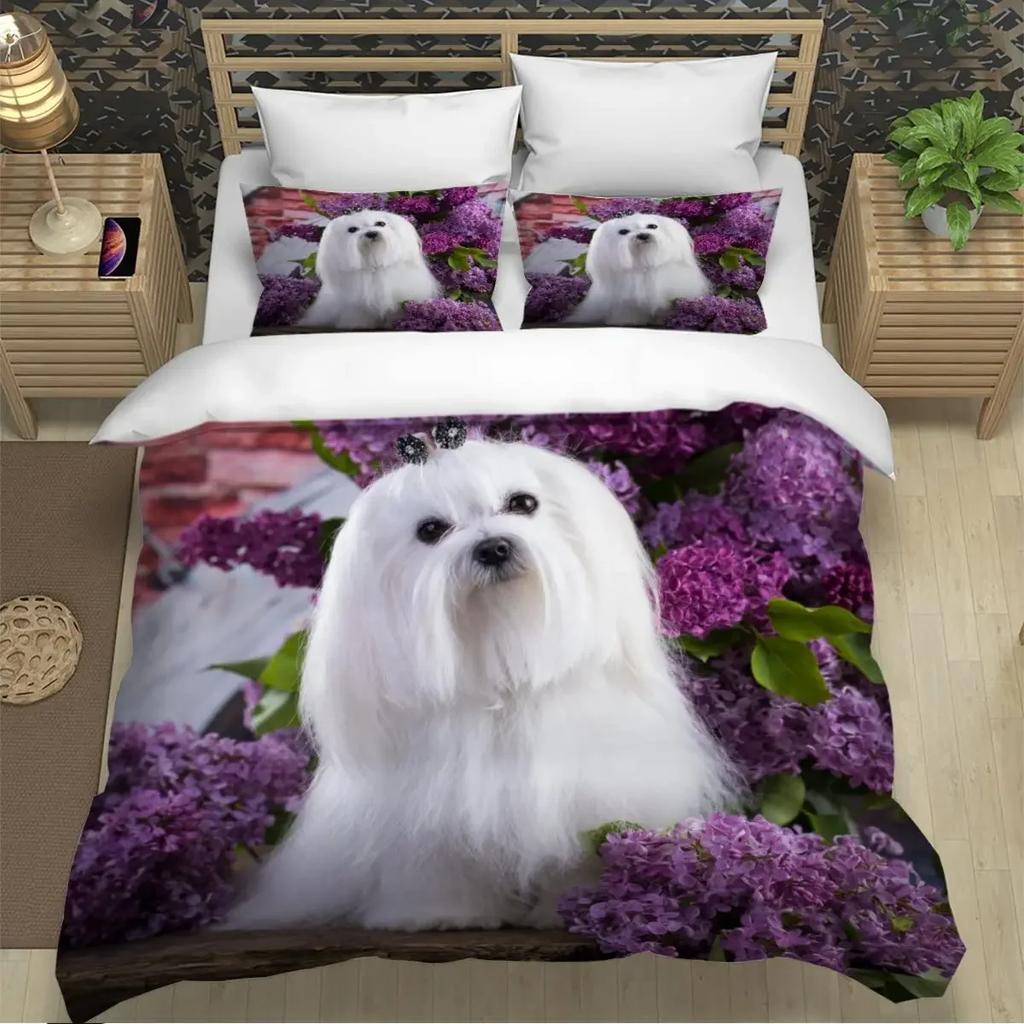 Sött Påslakanset med Maltesisk Hund Husdjur Hundar Tema Sängkläder Mikrofiber Kawaii Djur Täcke Överdrag Twin King För Barn Tonåringar