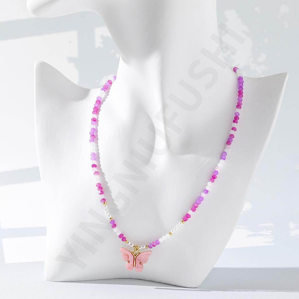 Candy color beaded butterfly pendant necklace female niche sweet and cute girl wind collarbone chain new accessories