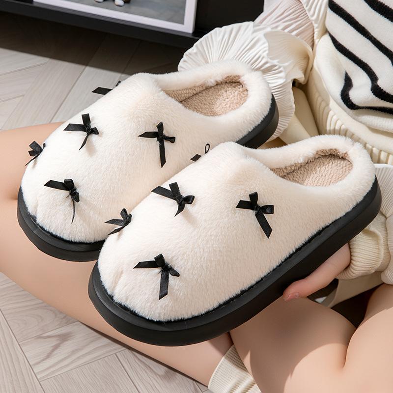 Plüsch-Baumwollpantoffeln Herbst und Winter Indoor Zuhause Zuhause Schleife dicker Boden Plüsch warm Baumwolle Hausschuhe