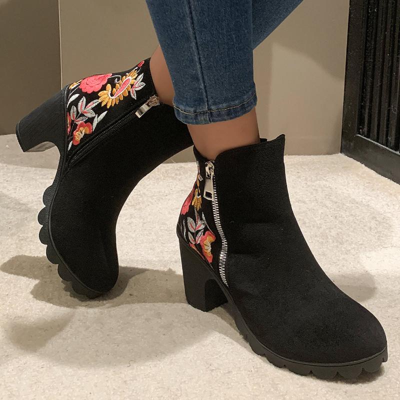 Ladies Shoes 2024 Hot Sale Side Zipper Women's Boots Winter Suede Round Toe Mixed Colors Short Barrel Chunky Heel Fashion Boots