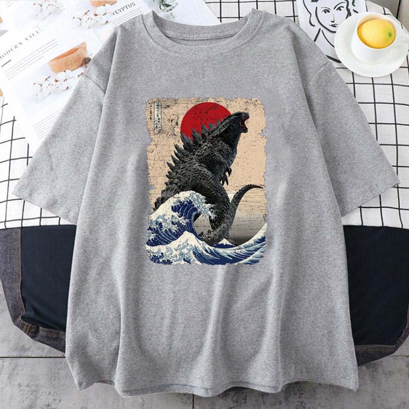 Short Sleeve Tees Unique Japanese Godzillaed Great Wave T-Shirt Summer Women Men Crew Neck Pure Cotton T Shirts Unisex