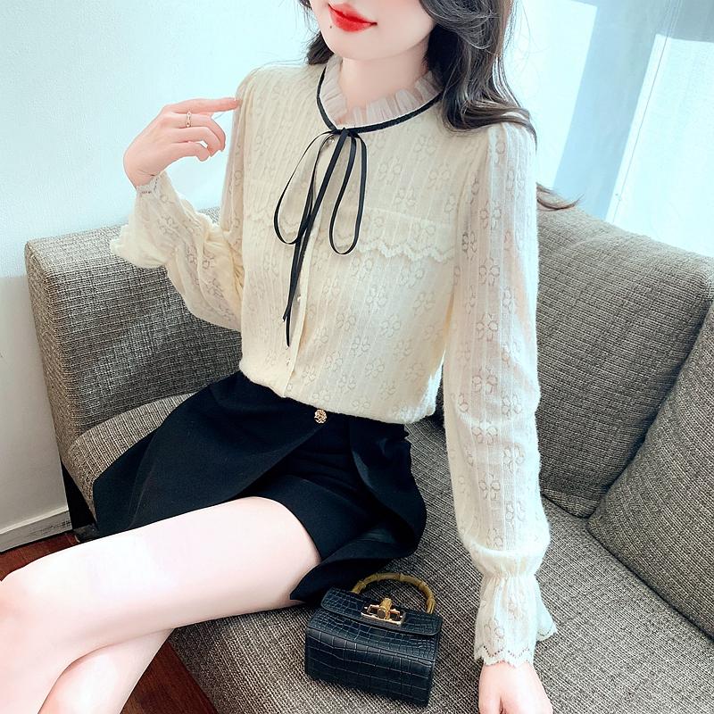 Winter Fashion New 2024 Long Sleeve Lace Up Stand Collar Apricot Velvet Lace Blouse Shirt Women Tops Blouses Shirts J811