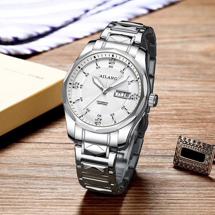 AILANG Montre mécanique entièrement automatique pour hommes Montre pour hommes Mode Double Calendrier Pierre Acier Montre étanche