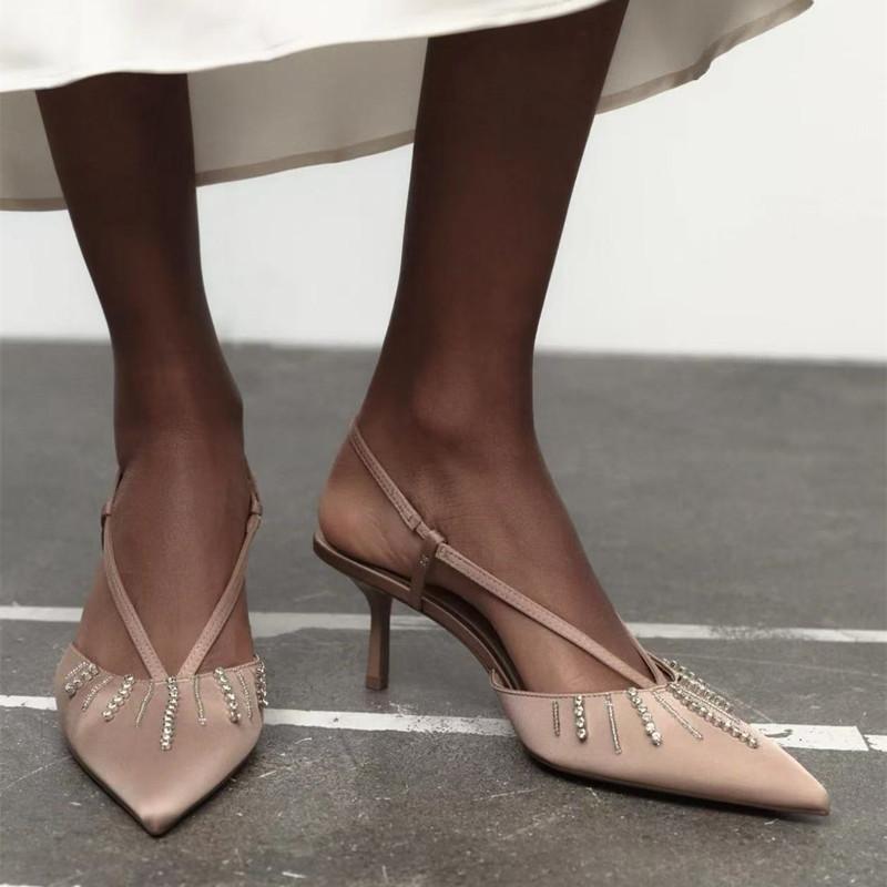 Fashion Fashion Rhinestones Satin Mary Janes Women Pumps Summer Slingbacks Office Lady Stiletto High heels Elegant Party Dress Shoes