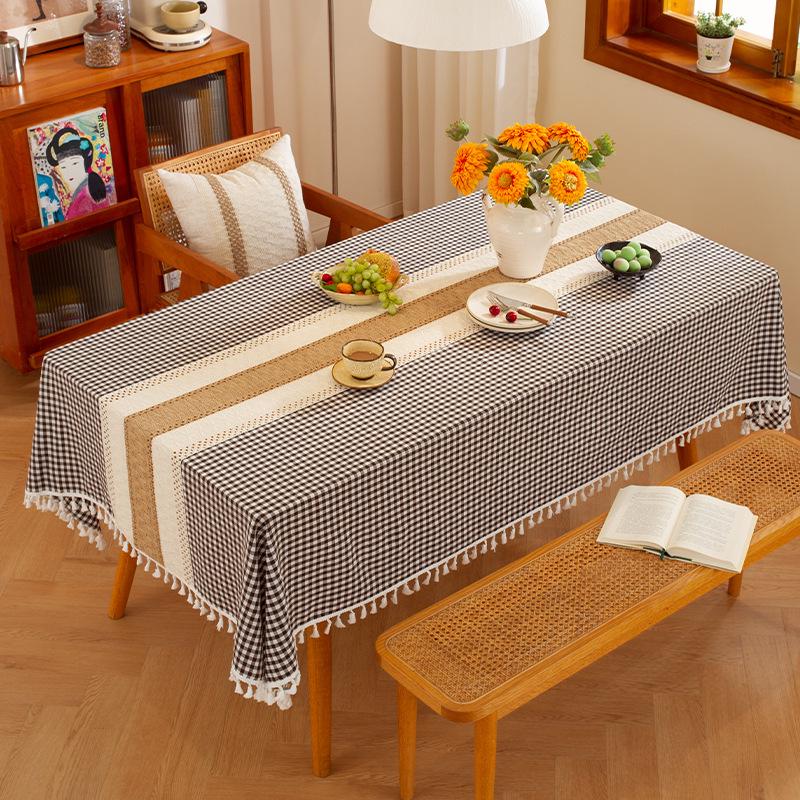 Nordic Classic Patchwork Tablecloth with Tassels - Dustproof Decorative Imitation Cotton Linen